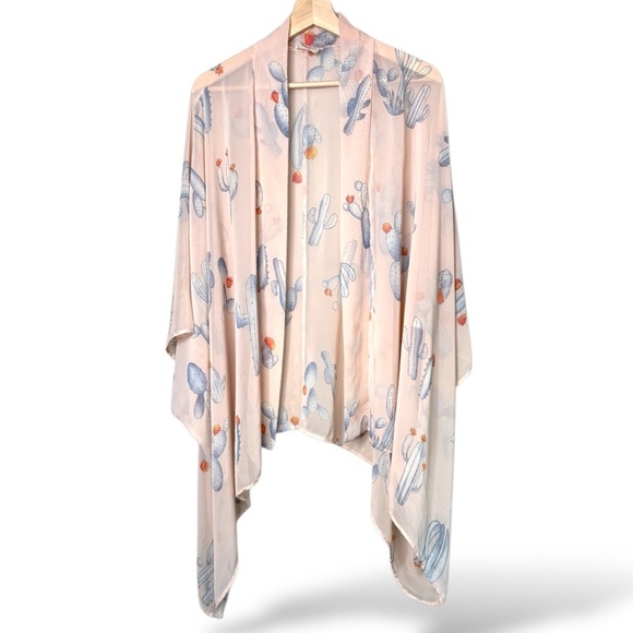 123 STORY x LINE UP Poly Chiffon Cactus Print Poncho / Cover Up / Cardigan O/S - Picture 3 of 8